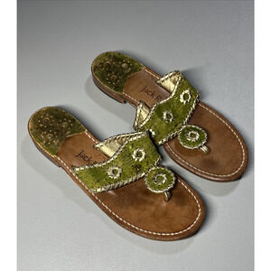 Jack Rogers Sandals Green Gold Leather & Cork Womens 8M Whipstitch Thong Slip On